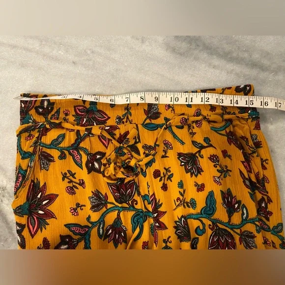 BBJ Los Angeles Mustard Fleur De Lis Flowy Wide Leg Boho Belted Pants Size L - Picture 11 of 13